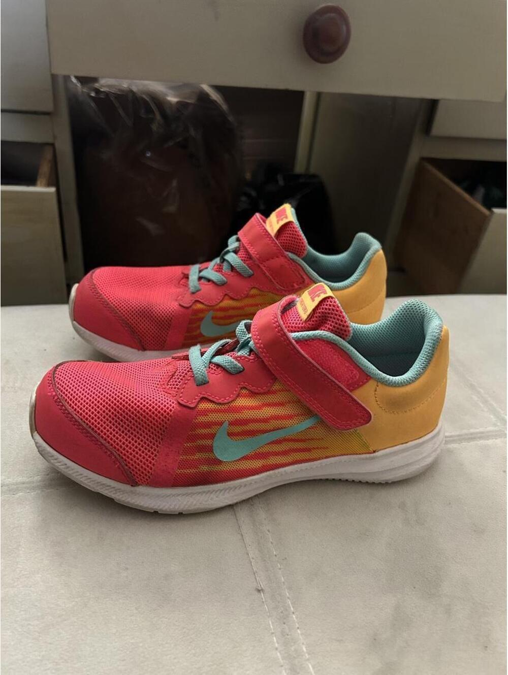 Nike kids sneakers in red, yellow, and teal with a teal Nike swoosh, size US 2 - Picture 2 of 7